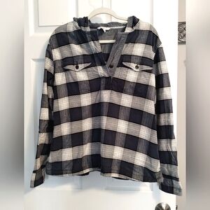 Women's LL Bean Signature Stretch Chamois Hoodie Blue Plaid Size L